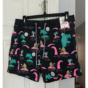 NWT Party Pants Swimwear Trunks Shorts Men's Size M Loch Ness Big Foot Palm Tree
